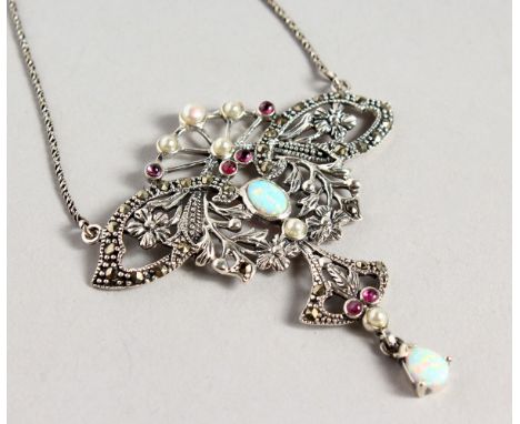 A SILVER, RUBY, PEARL AND OPAL NECKLACE.