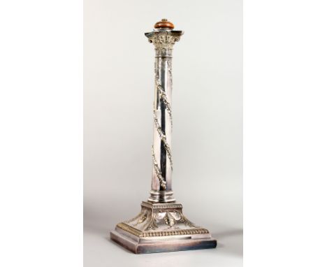 A GOOD LARGE PLATED NEO CLASSICAL STYLE LAMP BASE, with a Corinthian capital, acorn and oak leaf decorated column, on a squar