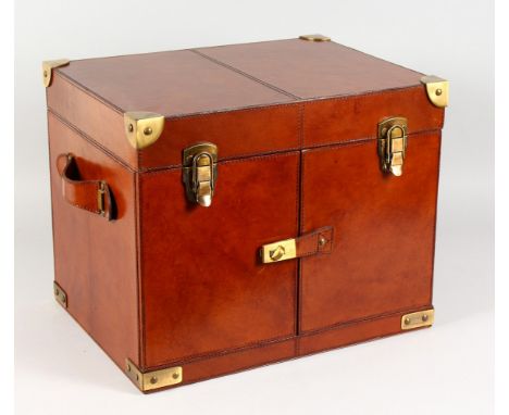 A GOOD BRASS BOUND LEATHER PICNIC HAMPER.