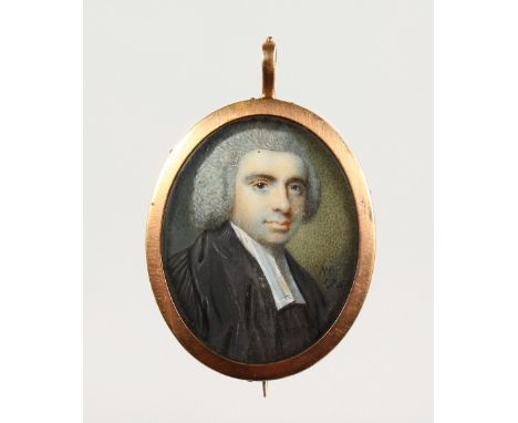 NATHANIEL HONE (1718-1784) IRISH Portrait head and shoulders of a clergyman. Monogrammed NH conjoined 1756, set as a pendant 