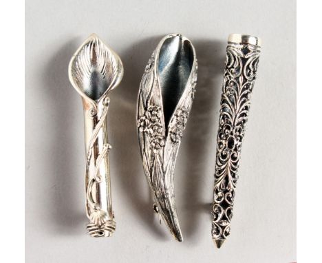 THREE SILVER POSY HOLDER BROOCHES.