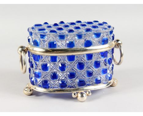 A VERY GOOD BOHEMIAN BLUE TINTED OVAL BISCUIT BARREL AND COVER, with plated mounts and ring handles.25cm wide16cm deep17cm hi