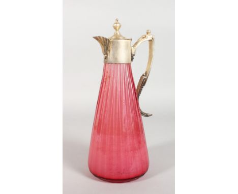 A RUBY TAPERING CLARET JUG, with plated lid and handle.