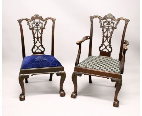 A GOOD SET OF EIGHT CHIPPENDALE STYLE MAHOGANY DINING CHAIRS, TWO WITH ARMS, all profusely carved, with drop-in seats, on car