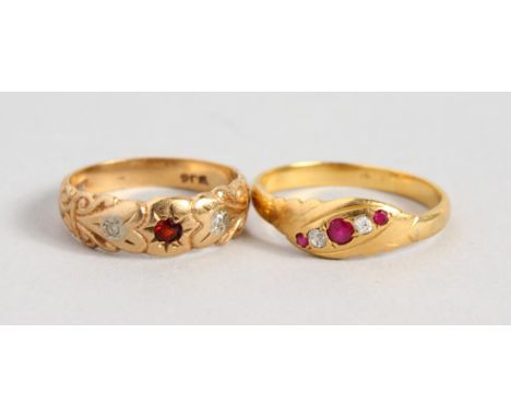 TWO VICTORIAN 18CT AND 9CT GOLD, RUBY AND DIAMOND RINGS.