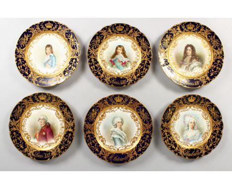 A SUPERB SET OF SIX SEVRES CHATEAU OF VERSAILLES PLATES, with rich dark blue and gold leaf bodies, painted with royal portrai