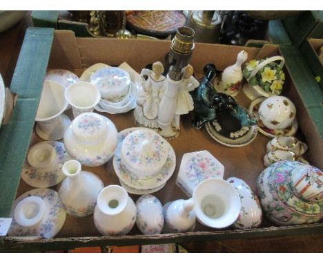 A box of china, to include Royal Albert, model elephant, Cantonese style ginger jar, etc.