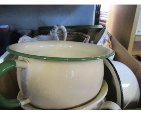 A box of&nbsp; sundries, to include china jug, enamel chamber pot, etc.