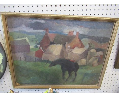 R Cartwright, oil on board, horse in front of farmstead, 13.5ins x 17.5ins