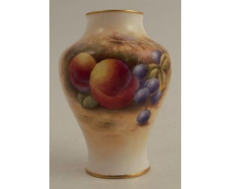 A Royal Worcester vase, decorated half round with hand painted fruit, by J Smith, shape number 2491, height 4ins - Good condi