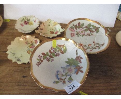 Three Royal Worcester small blush ivory dishes, and two gilded ivory leaf dishes