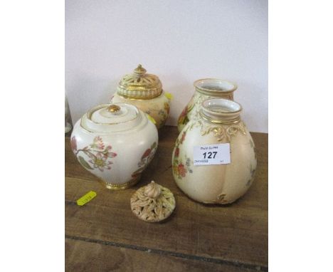 A Royal Worcester blush ivory pot pourri, lacking inner cover, a gilded example lacking outer cover, two quarter lobed vases 