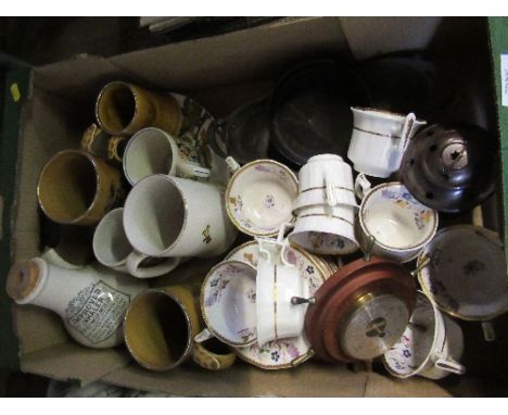 A box of assorted porcelain, to include 19th century cups and saucers, a Laura Knight commemorative mug, etc