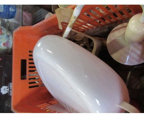 A box of sundry tools, lamp, bedpan, etc.