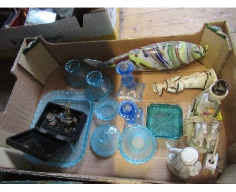 A box of sundries to include glassware, model fish, coins, etc. (37202)