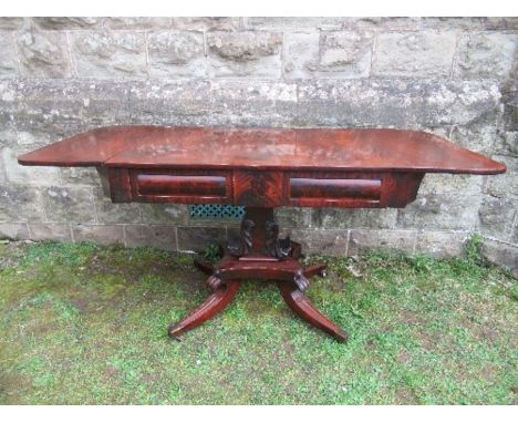 A mahogany sofa table, raised on square supports, terminating in four outswept feet, width 57ins x depth 26ins x height 27ins