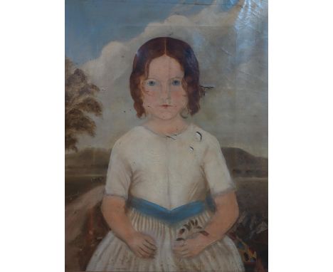 19th century British folk art, portrait of a child in a rural landscape, unsigned, framed, 85 x 72 cm 