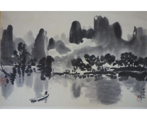 A Chinese printed scroll, punter on a lake, 50 x 75cm (image) 