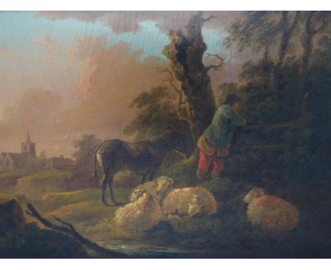 A print of figure leaning on a fence beside sheep and a donkey, in gilt frame with light (need to re-wire light), 21 x 29cm 