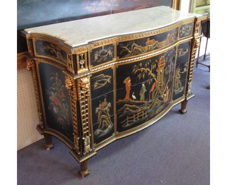 BOWFRONT COMMODE, 18th century style ebonised and gilded the white marble top over four Chinoiserie decorated drawers, 132cm 