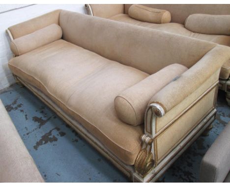 JACINTO USAN SOFA, three seater, in a gold coloured fabric, on a distressed gilded and painted frame, plus bolster cushions, 