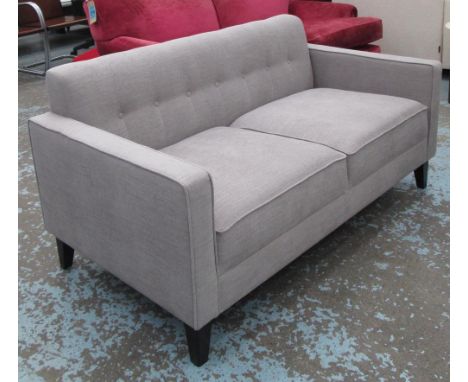 SOFA, two seater, contemporary design, box form in grey upholstery with buttoned back on black splayed legs, 150cm x 80cm x 7