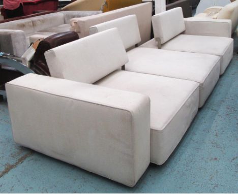 SOFA, in stone upholstery in three sections with adjustable back, 107cm x 81cm H x 109cm. (upholstery slightly marked)