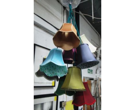 CEILING LIGHT, with turquoise flex and a quantity of differing coloured shades, approx 105cm H.