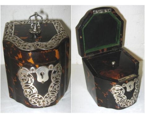 TORTOISESHELL TEA CADDY, Edwardian with silver mounts in the form of a Sheraton knife box, Sheffield 1902, makers Martin Hall