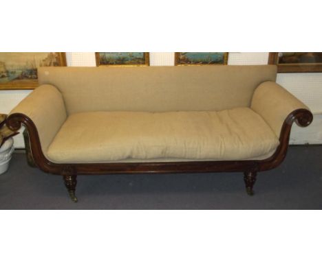 SOFA, George IV goncalo alves in oatmeal linen with squab cushion, overscrolled arms, reeded legs and brass castors, 216cm L 