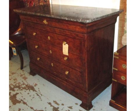 COMMODE, 19th century French Louis Philippe burr walnut with five drawers and original St Anne's marble top, 132cm W x 59cm D