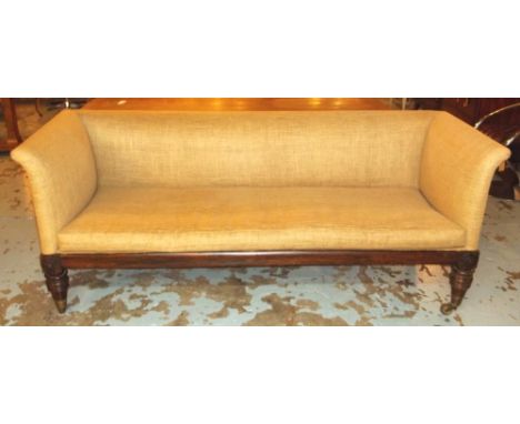 SOFA, William IV mahogany in sack upholstery with squab cushion on rosette headed turned legs and brass castors, 206cm x 77cm