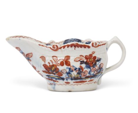 Small Lowestoft porcelain sauce boat, decorated in underglaze blue with the two porter landscape pattern, further embellished