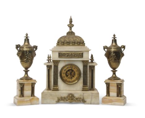 Last quarter of 19th century alabaster clock garniture, the central clock of temple form with ormolu detail including domed t