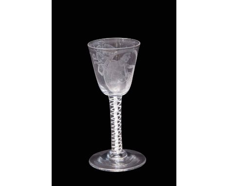 Mid-18th century wine glass, the large rounded funnel bowl above a double series opaque twist stem, the bowl finely engraved 