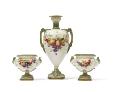 Garniture of three early 20th century Royal Worcester vases, all painted with fruit, comprising a baluster vase with Art Nouv