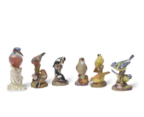Royal Worcester model of a kingfisher together with five Royal Worcester bird studies including Blue Tit, Pied Woodpecker, Ye