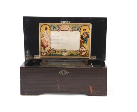 Small late 19th century Swiss music box with lithographic detail to an ebonised and simulated wooden ground, the hinged lid o