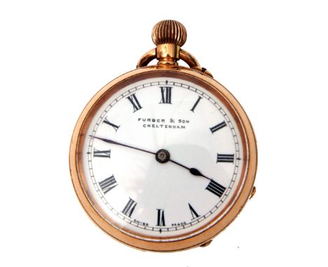 First quarter of 20th century ladies 14K gold cased fob watch with blued steel hands to a white enamel dial with black Roman 