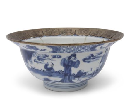 Chinese 18th century blue and white bowl with metal rim, painted with Chinese figures in garden settings, the exterior of the