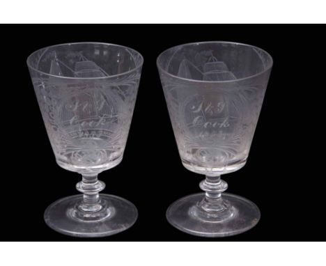 Pair of mid-19th century rummers, above single knopped stems, both engraved with a sailing ship with Robert and Catherine bel