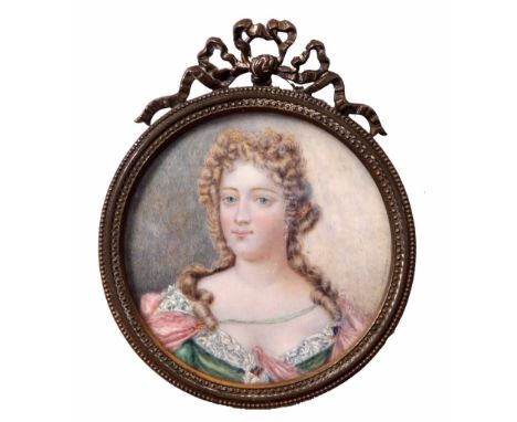 English School oil miniature, head and shoulders portrait of a lady in Queen Anne period dress and wig within a circular gilt