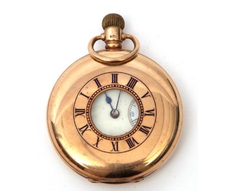 Gent's first quarter of 20th century 9ct gold cased half hunter pocket watch with button wind (lacking internal glass) having