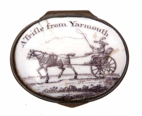 Late 18th/early 19th century turquoise enamelled and gilt metal mounted patch box of oval form, the white ceramic lid transfe