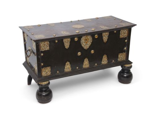 18th century Ceylonese hardwood storage chest with decorative pierced and etched brass mounts with button detail, heavy brass