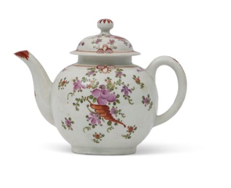 18th century Lowestoft porcelain tea pot decorated in polychrome with a Curtis design of cornucopia amongst floral sprays
