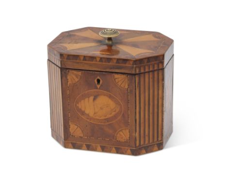 Late 18th/early 19th century marquetry inlaid mahogany caddy box of canted rectangular form with ivory handle to lid, plain e