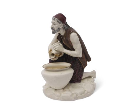 Late 19th century Royal Worcester model of a water carrier, modelled as a Middle Eastern gentleman on a rocky mound, 30cm hig