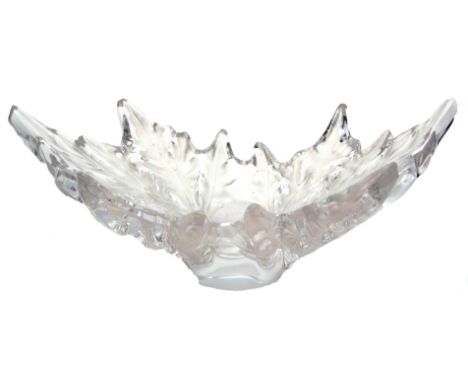 An impressive Lalique clear and frosted glass pedestal leaf dish with shaped rim, 44cm diam R Lalique France mark to base