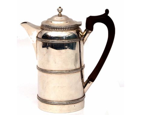 Late Victorian Biggin of typical cylindrical form with three raised reeded body bands, gadrooned rim, the hinged lid with orb